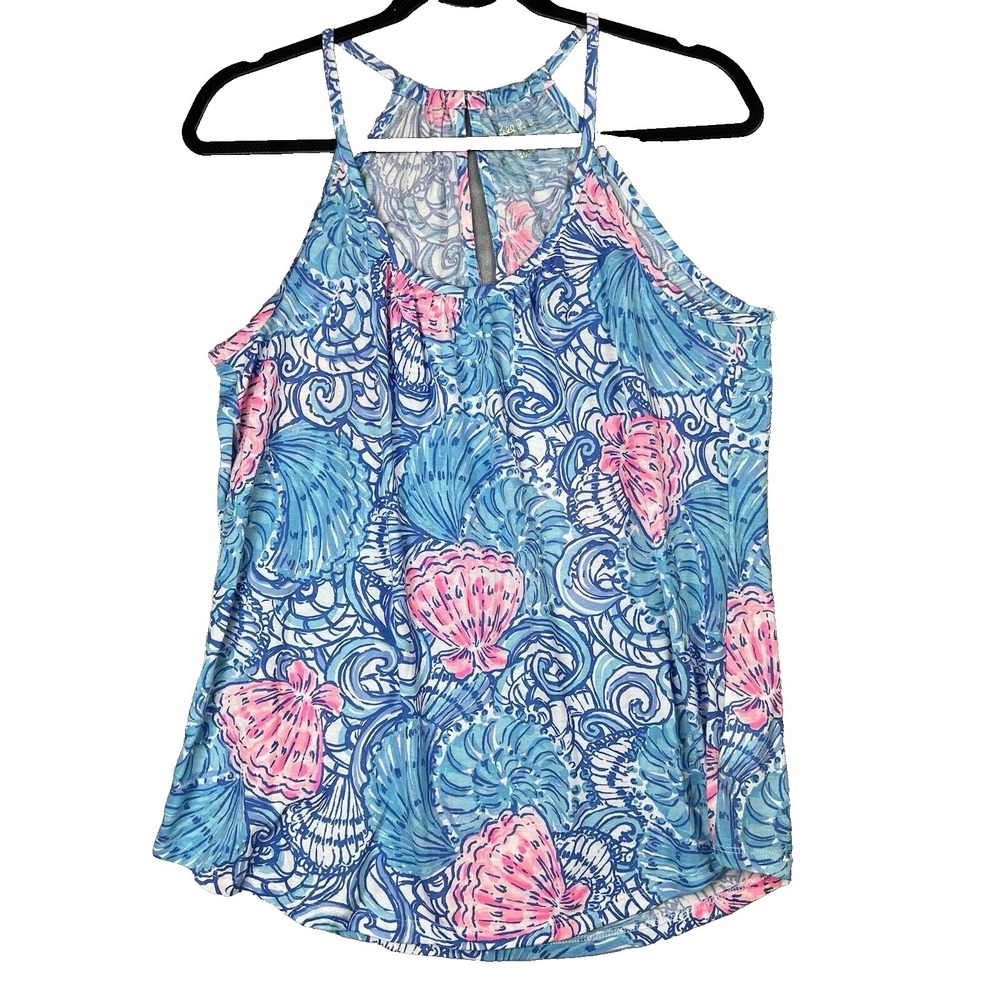 Lilly Pulitzer Halter Tank Top Blue Pink Seashell Print Keyhole Sleeveless Small
